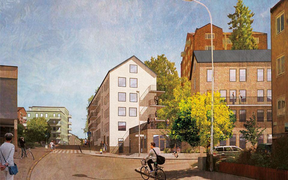 Flerbostadshus i olika storlekar, färger och nivåer vid gatukorsning. Bilar, cyklister och människor i rörelse. Illustration